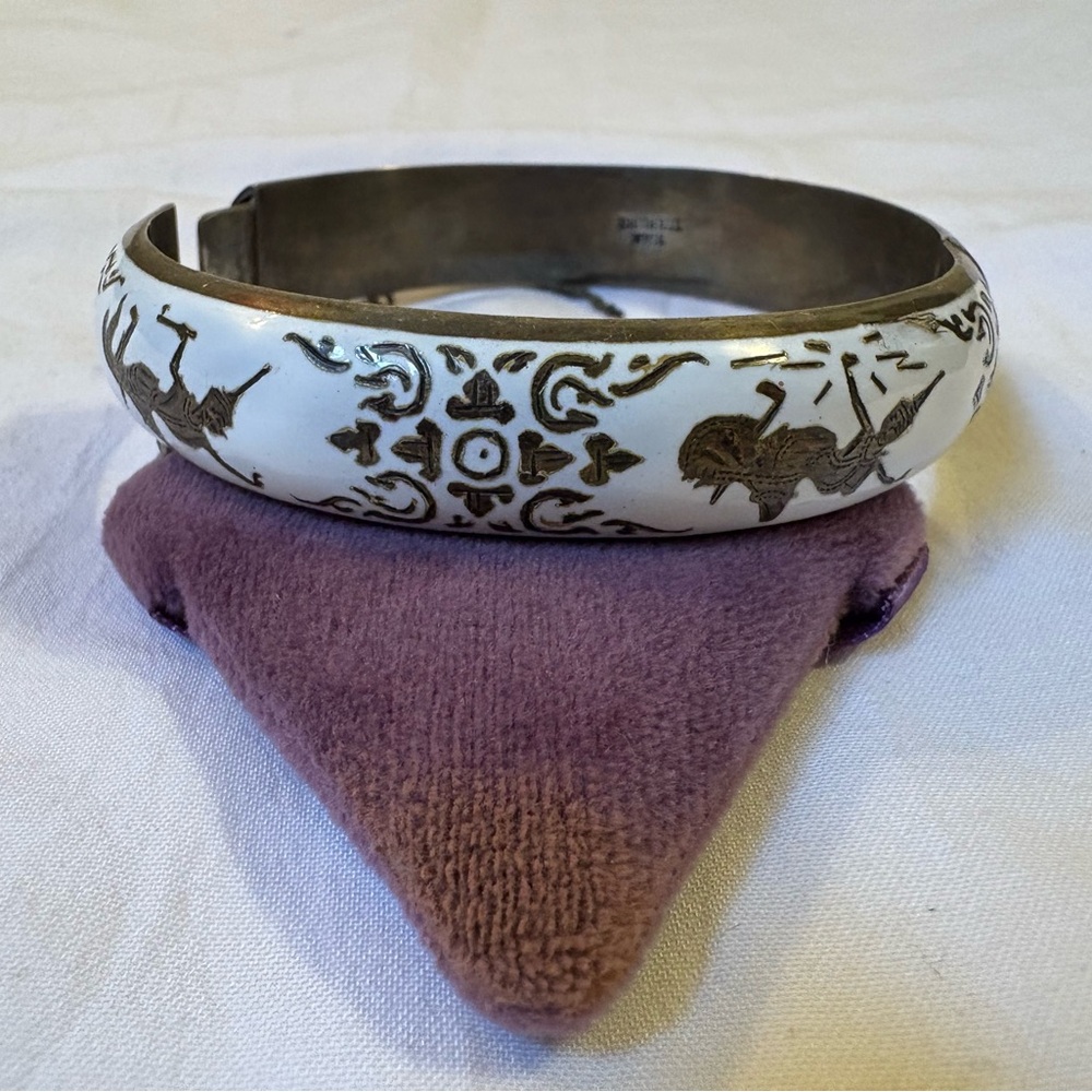 Siam 925 Silver Vintage Enamel Dragon Boat Dancer Bangle Bracelet